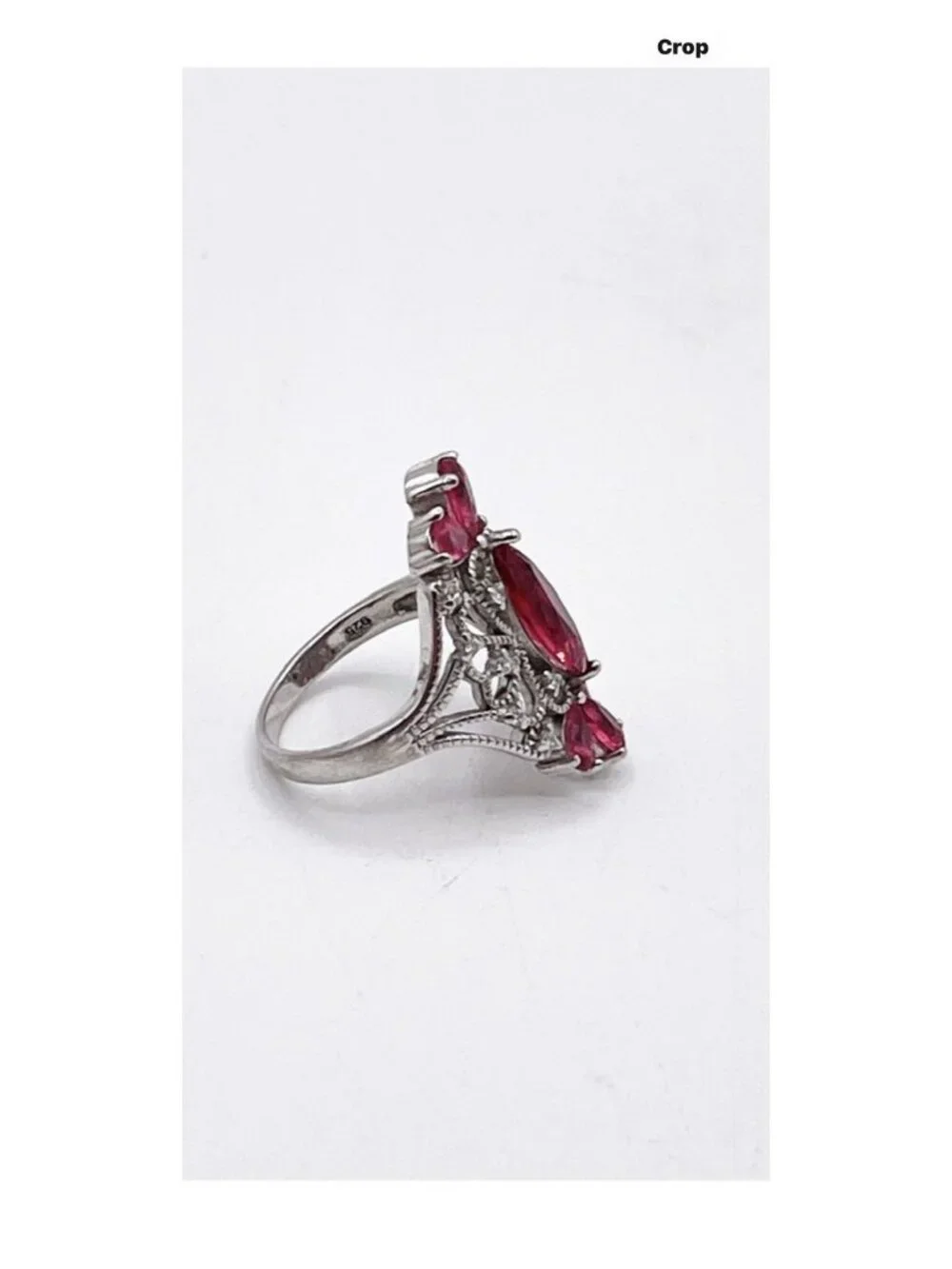 925 Sterling Silver Pink Stone Statement Ring Size 7 Art Deco Filigree Floral